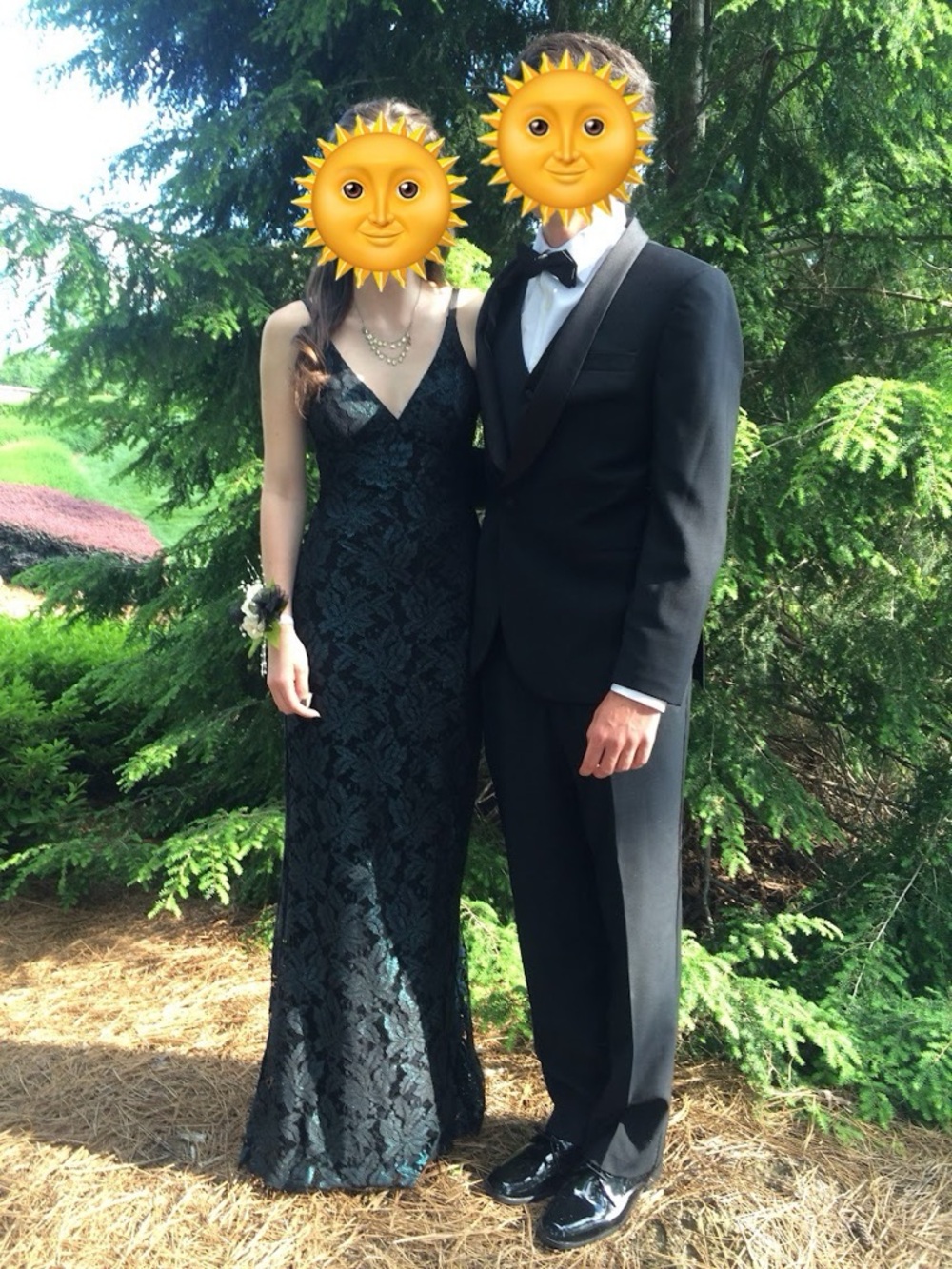Black Iridescent Teal Lace Formal V-Neck Gown